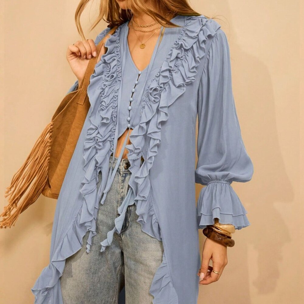 Dusty Blue Casual Women's Long Sleeve Boho Maxi Dress